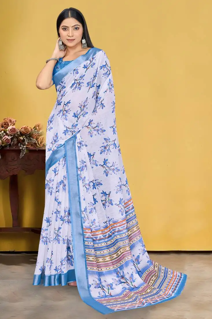white and blue digital printed saree with blouse piece