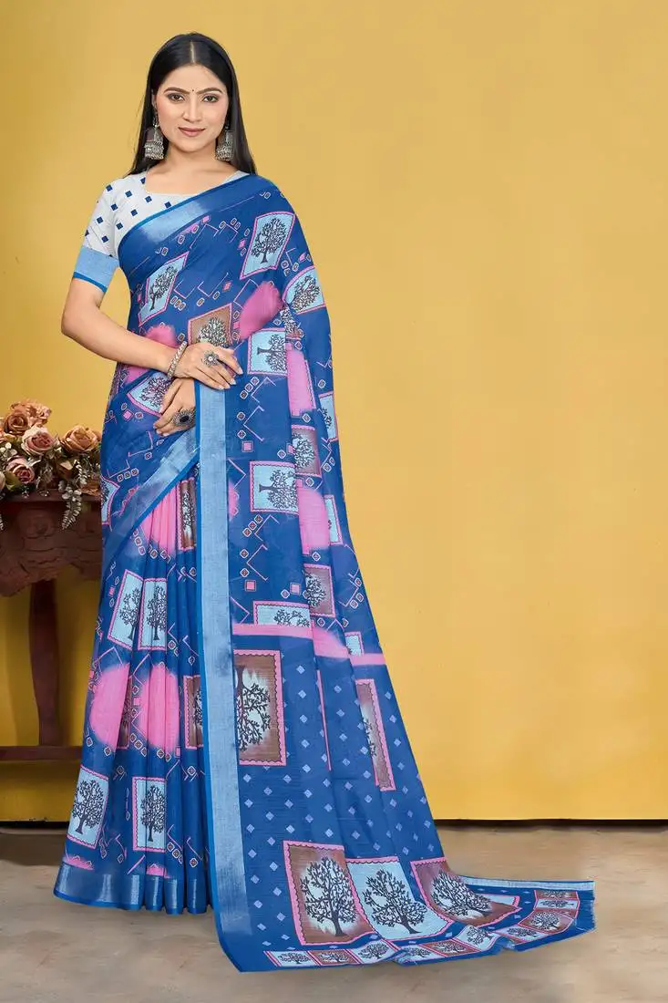 blue digital printed saree with blouse piece