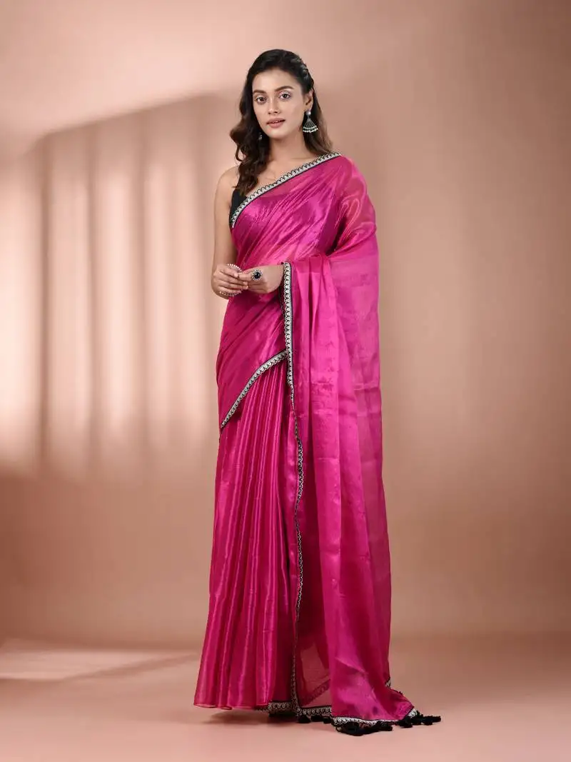Pink shimmer tissue saree with gota patti borders