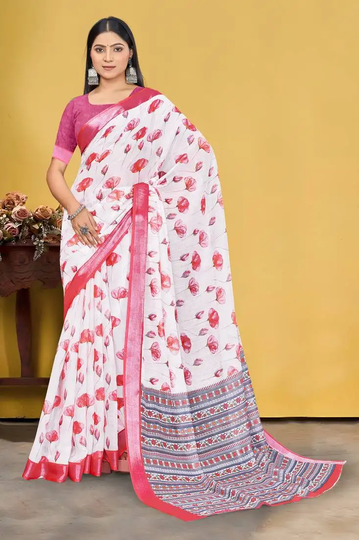 white and pink digital printed saree with blouse piece