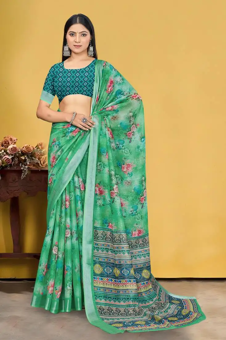 green digital printed saree with blouse piece