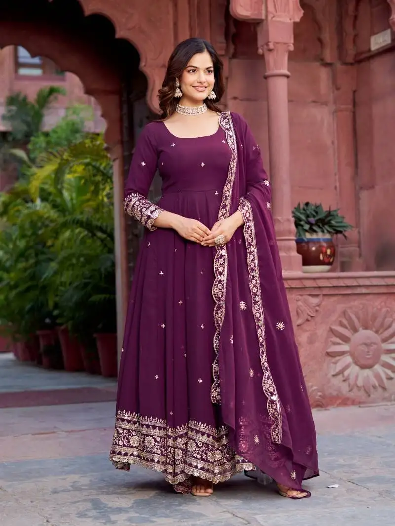 Wine faux georgette embroidered gown with pant and dupatta stitched