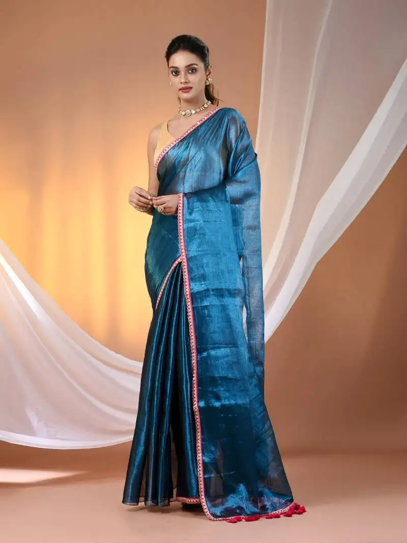 Sapphire blue shimmer tissue saree with gota patti borders