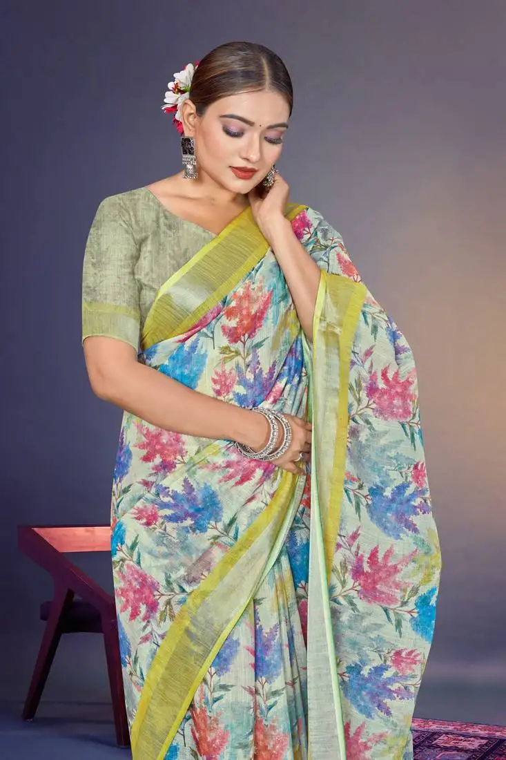 green leaf digital printed linen cotton saree