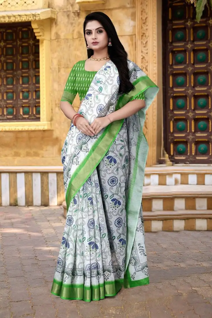 green floral digital printed saree