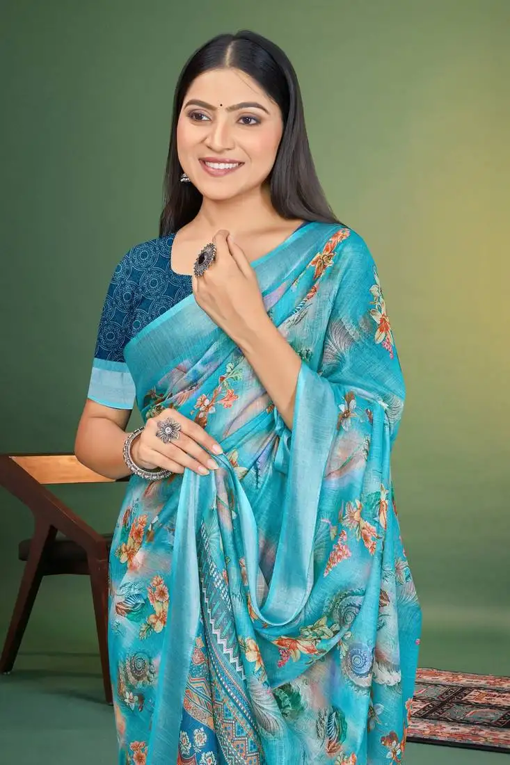 sky blue floral digital printed linen cotton saree
