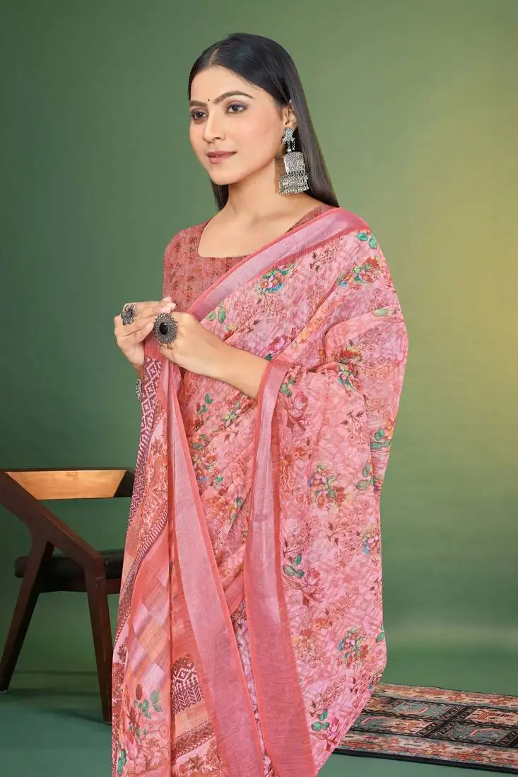 peach digital printed saree with blouse piece