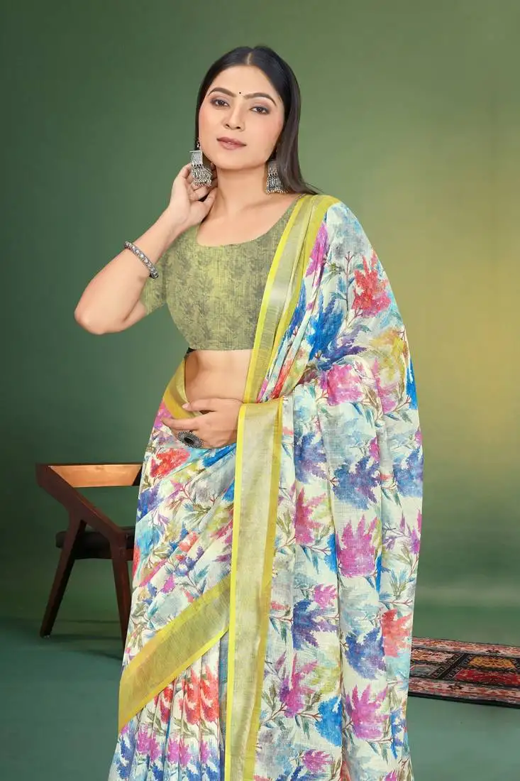 perrot green digital printed saree with blouse piece