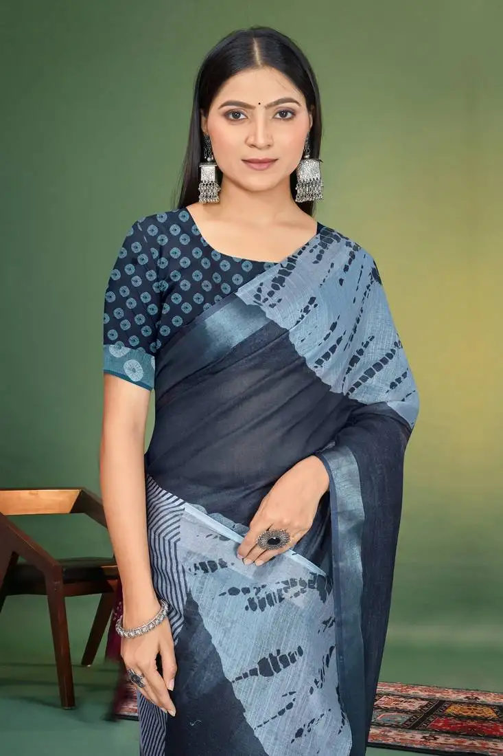 black and silver digital printed saree with blouse piece