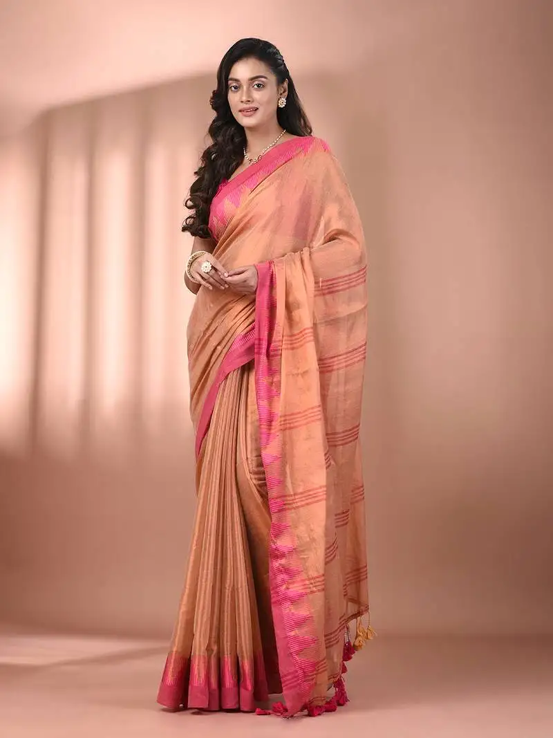 Beige tissue soft saree with temple borders