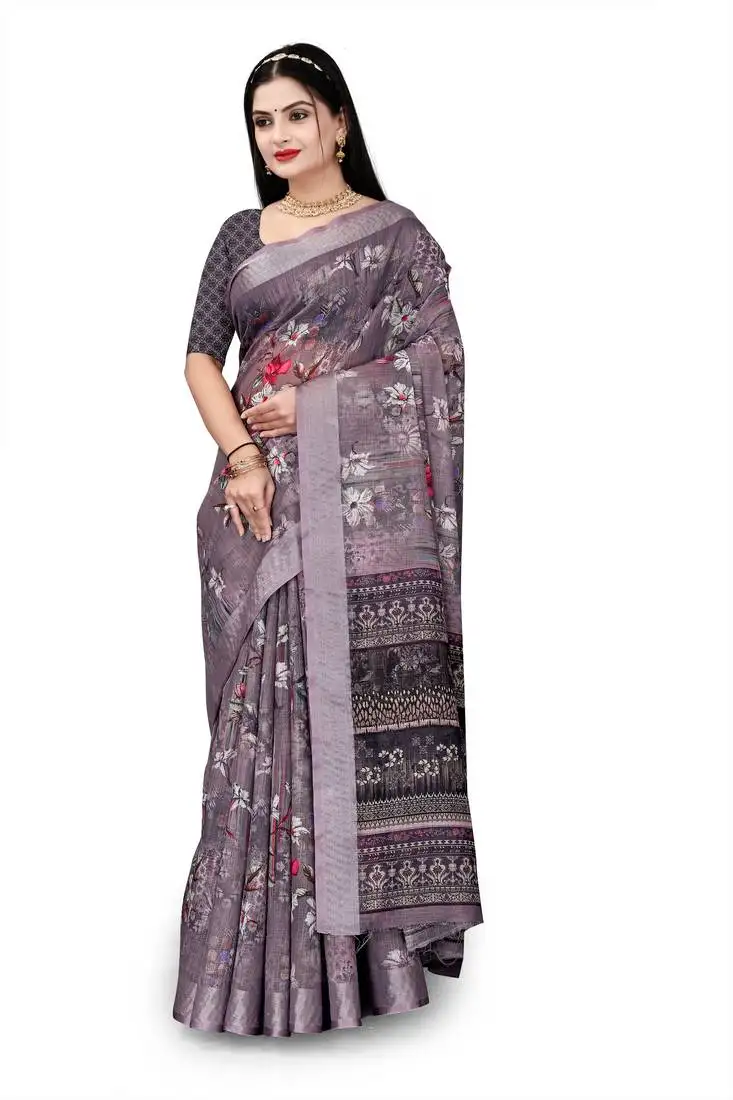 multi cotton linen floral digital printed saree