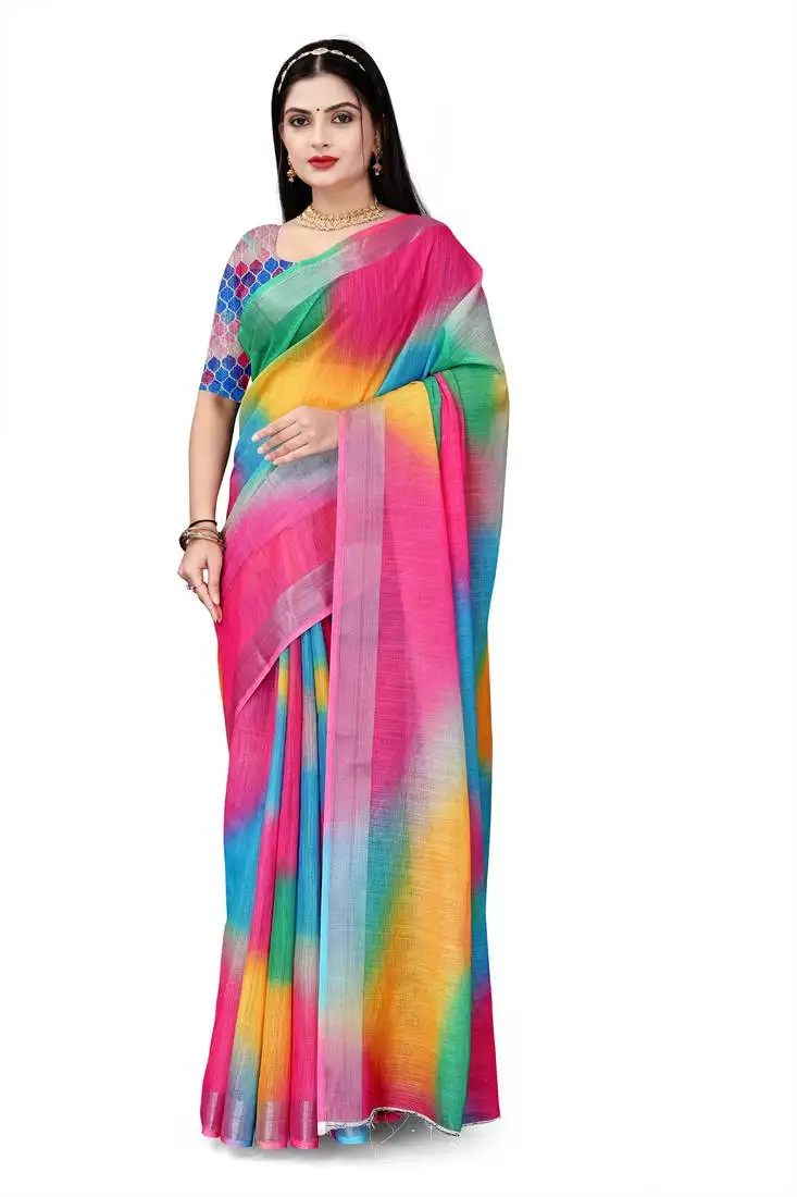 multi cotton linen digital printed saree
