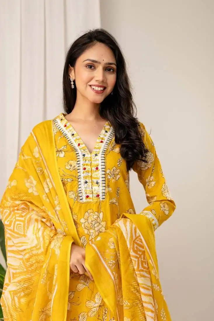 Mustard women embroidered floral printed aline kurta pant with dupatta set