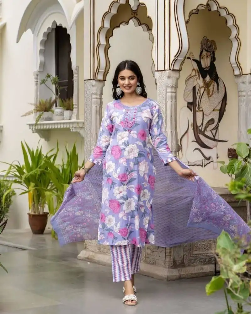 Mauve women embroidered floral printed aline kurta pant with dupatta set