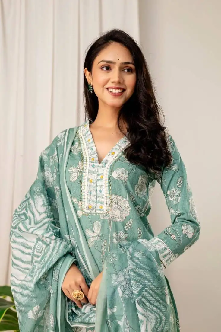 Pastel green women embroidered floral printed aline kurta pant with dupatta set