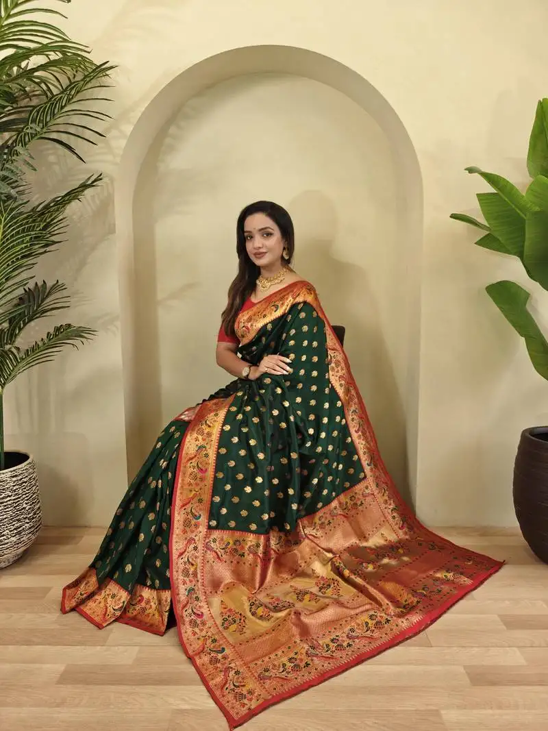 Green paithani silk blend weaving saree with contrast blouse