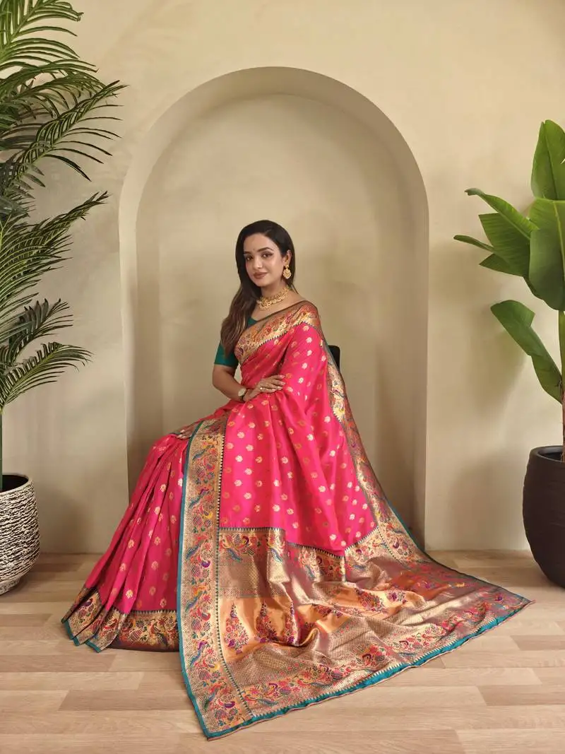 Pink paithani silk blend weaving saree with contrast blouse