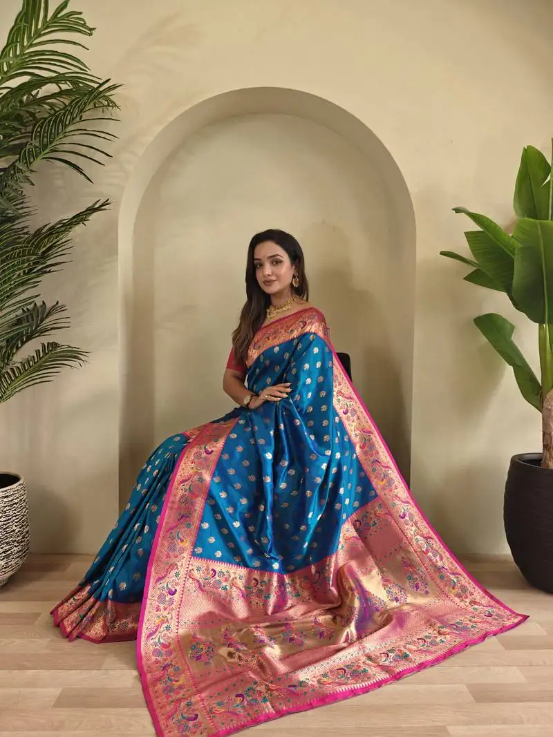 Sky blue paithani silk blend weaving saree with contrast blouse