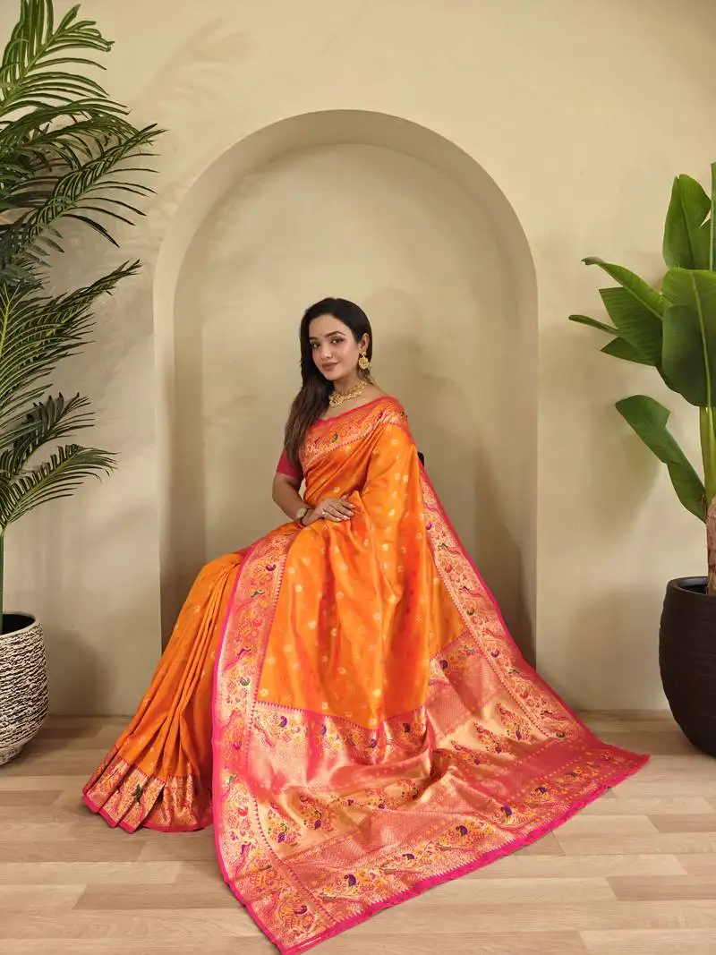 Orange paithani silk blend weaving saree with contrast blouse