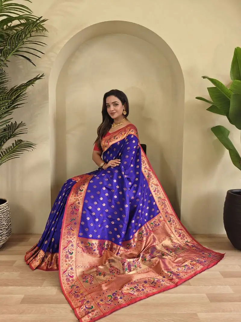 Violet paithani silk blend weaving saree with contrast blouse