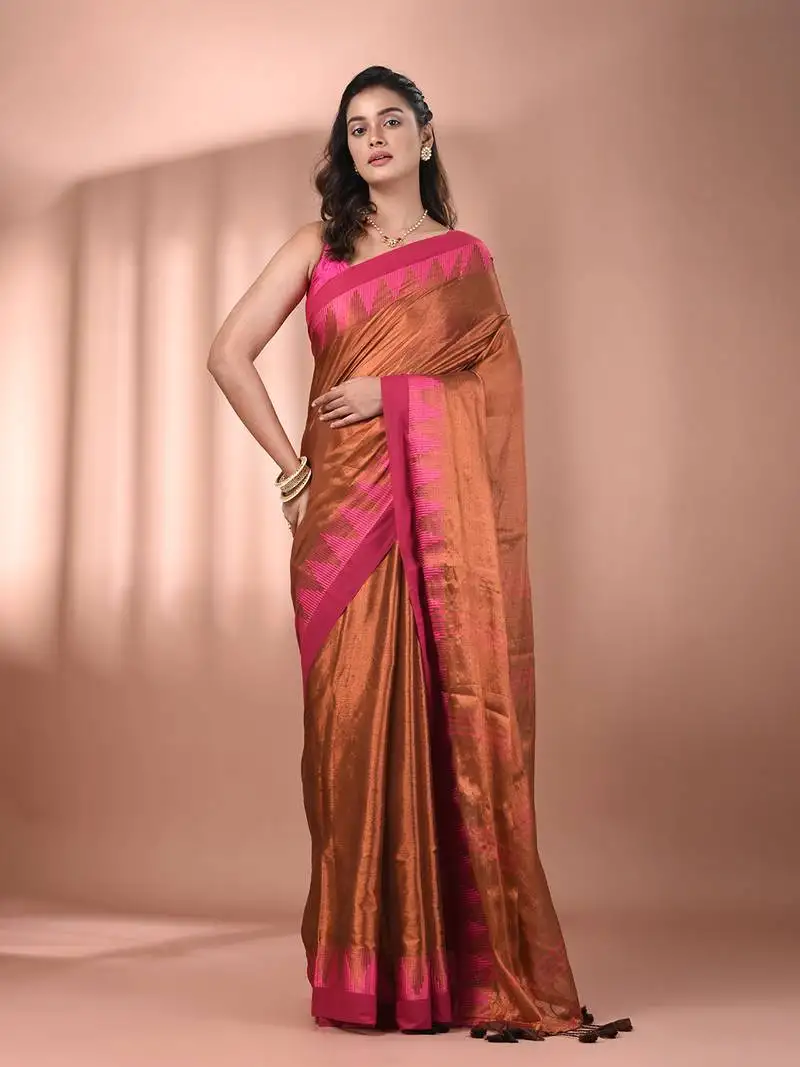 Brown tissue soft saree with temple borders