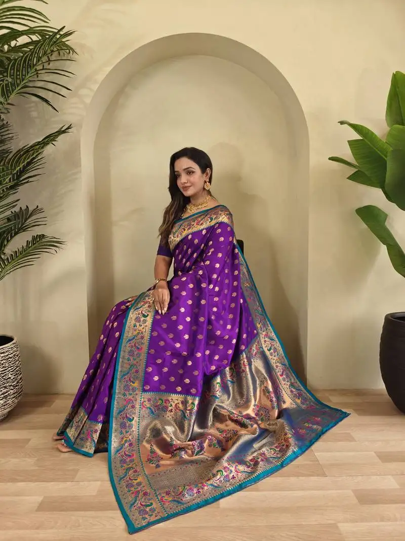 Purple paithani silk blend weaving saree with contrast blouse