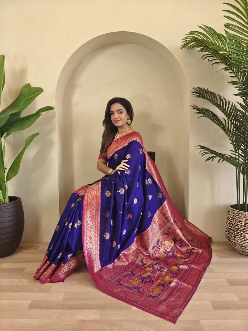 Blue banarasi silk blend saree with zari weaving meenakari design