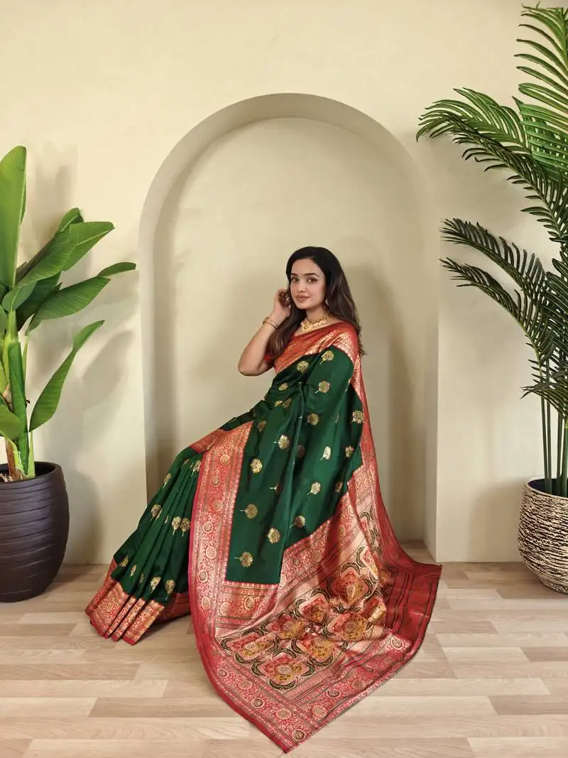 Green banarasi silk blend saree with zari weaving meenakari design