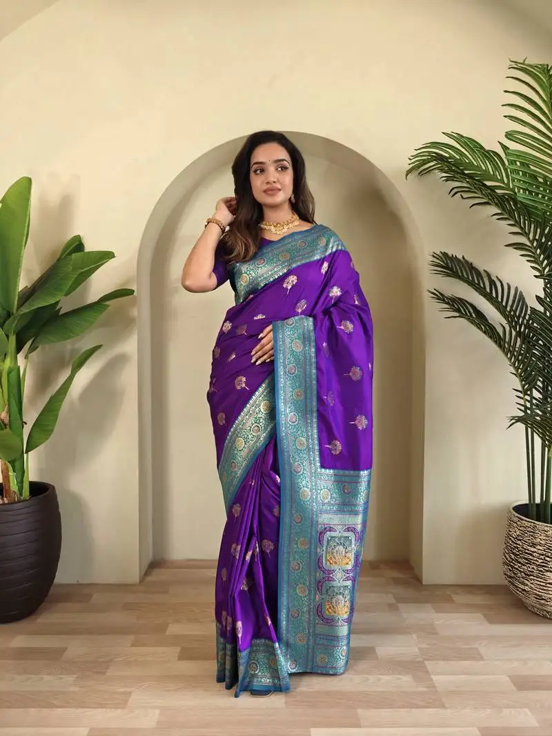 Violet banarasi silk blend saree with zari weaving meenakari design