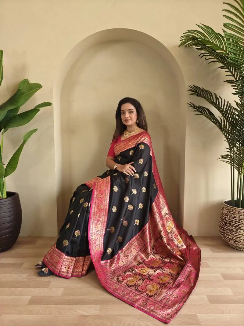 Black banarasi silk blend saree with zari weaving meenakari design