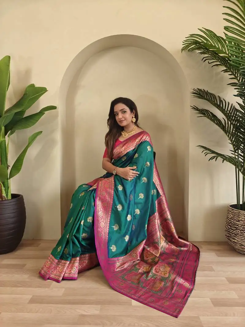 Sea green banarasi silk blend saree with zari weaving meenakari design
