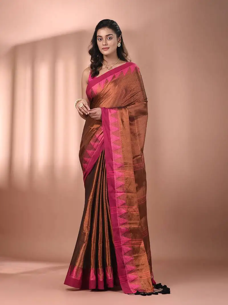Copper tissue soft saree with temple borders