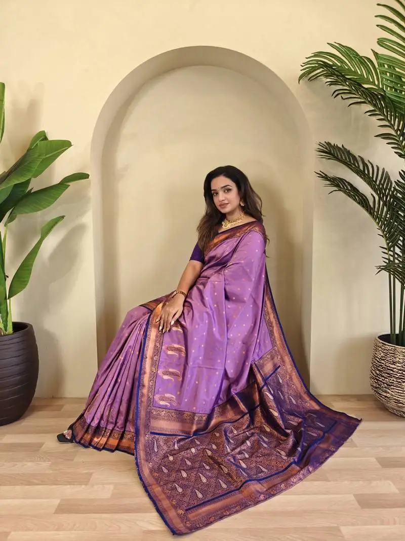 Onion pink banarasi silk blend saree with zari weaving meenakari design