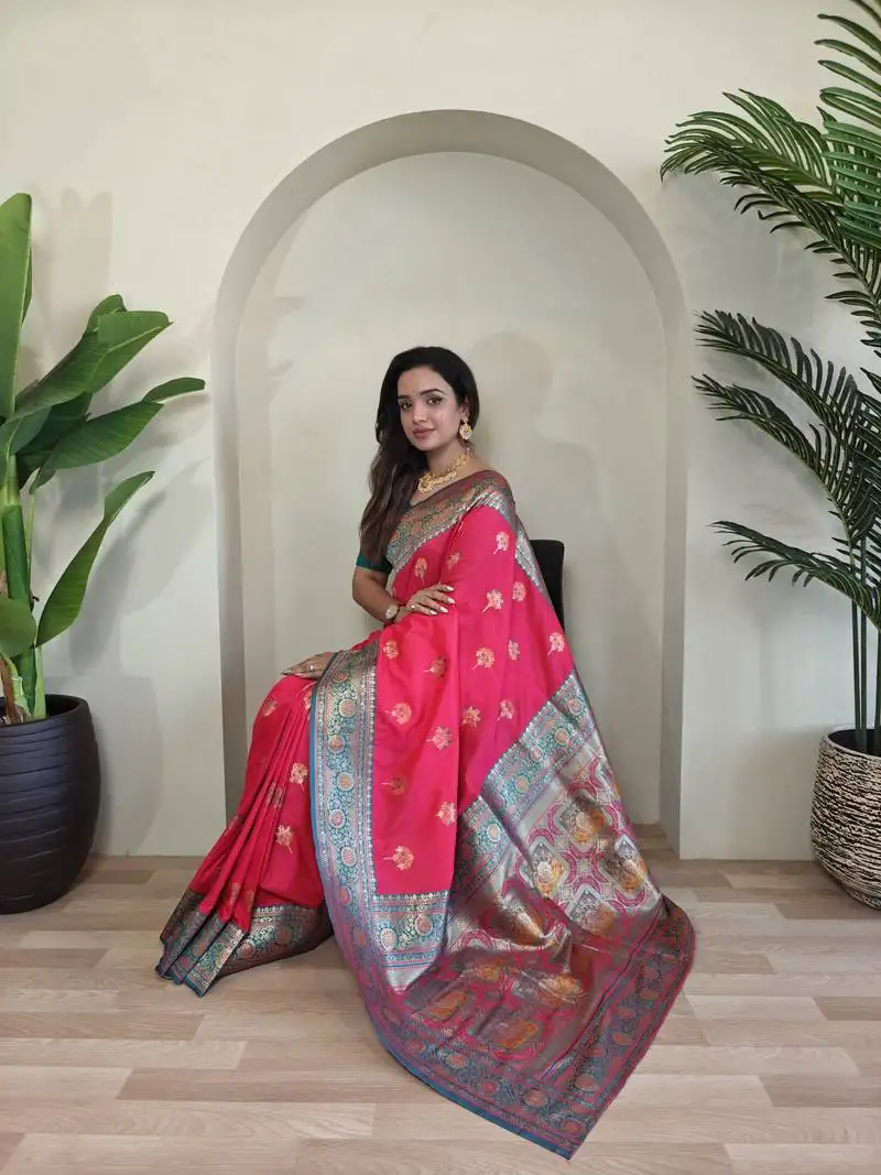 Pink banarasi silk blend saree with zari weaving meenakari design