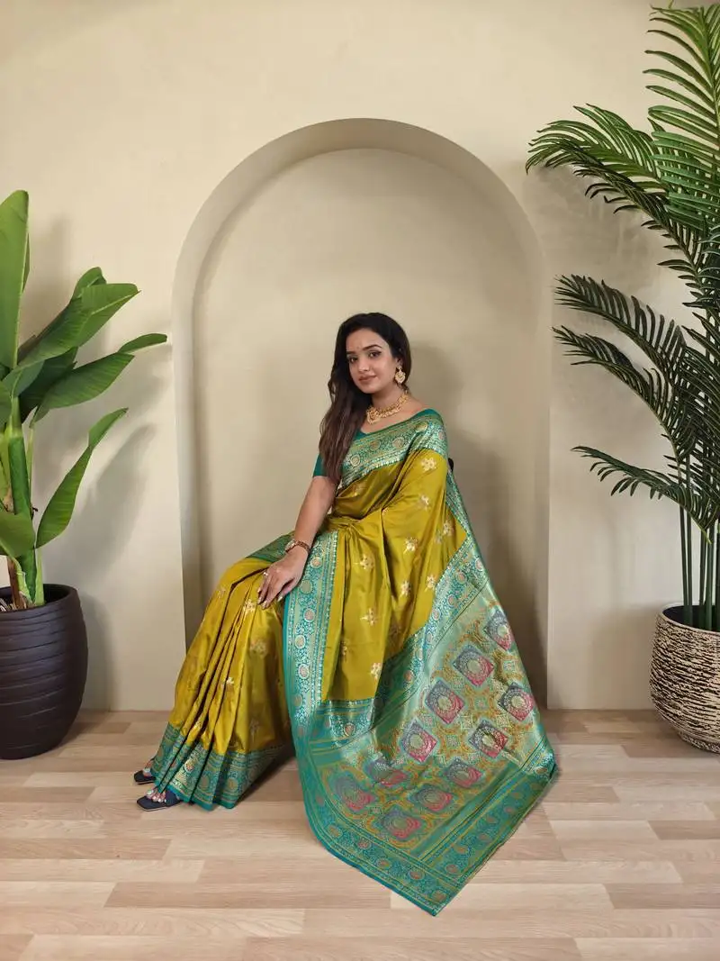Lemon yellow banarasi silk blend saree with zari weaving meenakari design