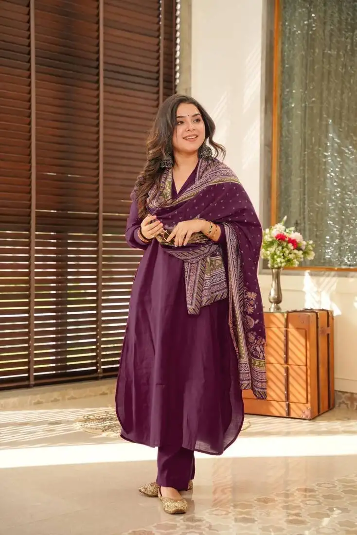 purple plain silk pant style kurti suit with duppatta