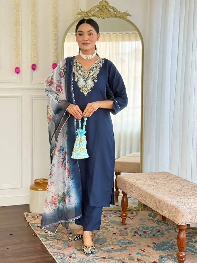blue embroidered art silk pant style kurti suit with duppatta