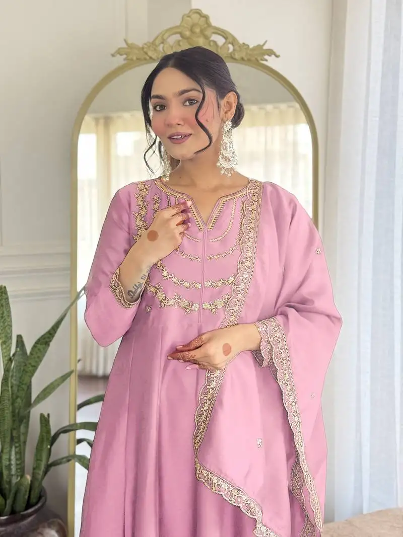 pink embroidered silk pant style kurti suit with duppatta