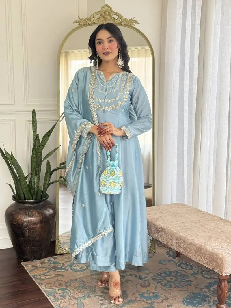 sky embroidered silk pant style kurti suit with duppatta