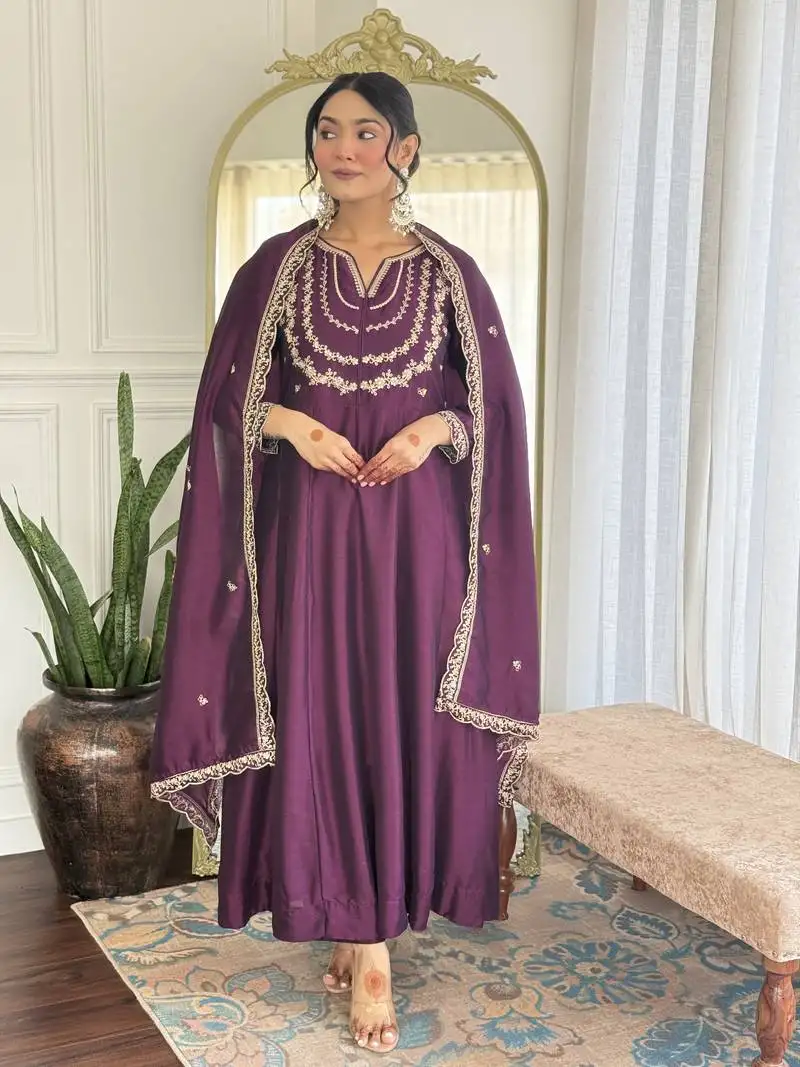 purple embroidered silk pant style kurti suit with duppatta