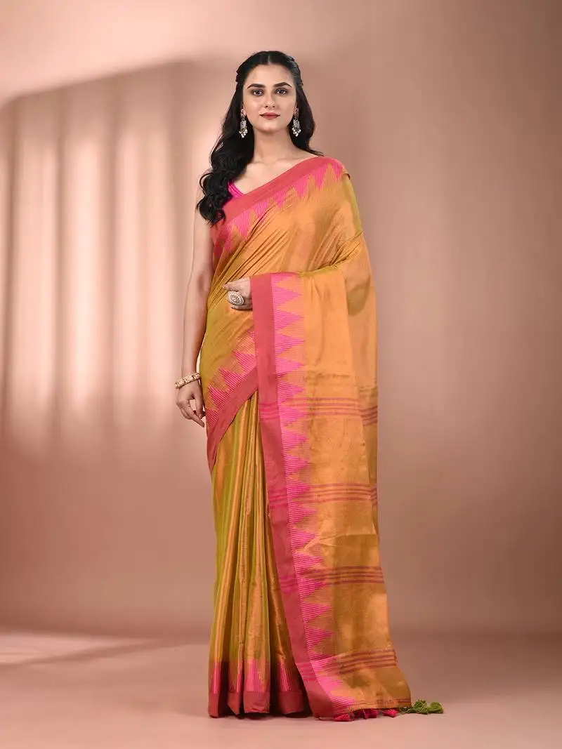Lemon yellow tissue soft saree with temple borders