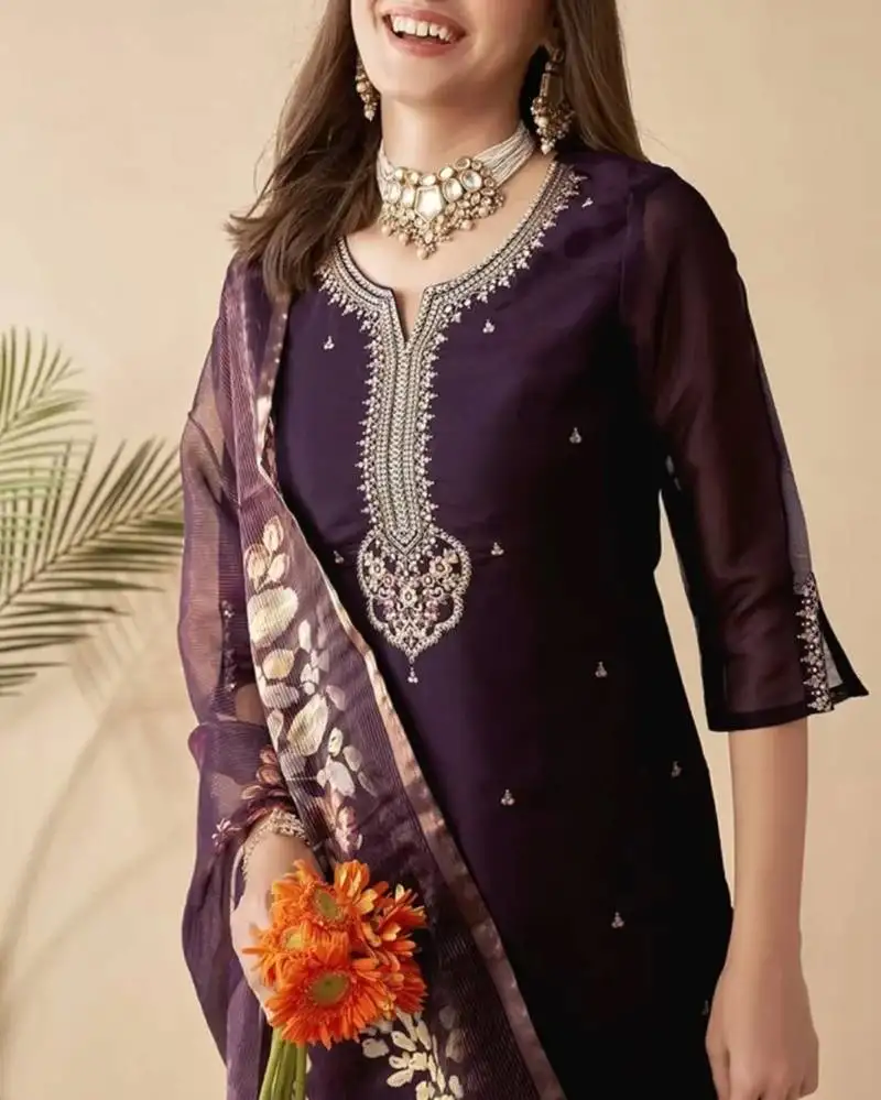 purple embroidered chanderi pant style kurti suit with duppatta