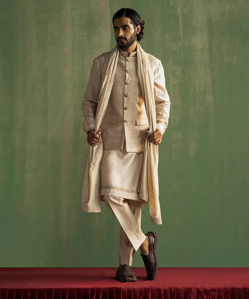 Beige raw silk embroidered nehru jacket set with stole