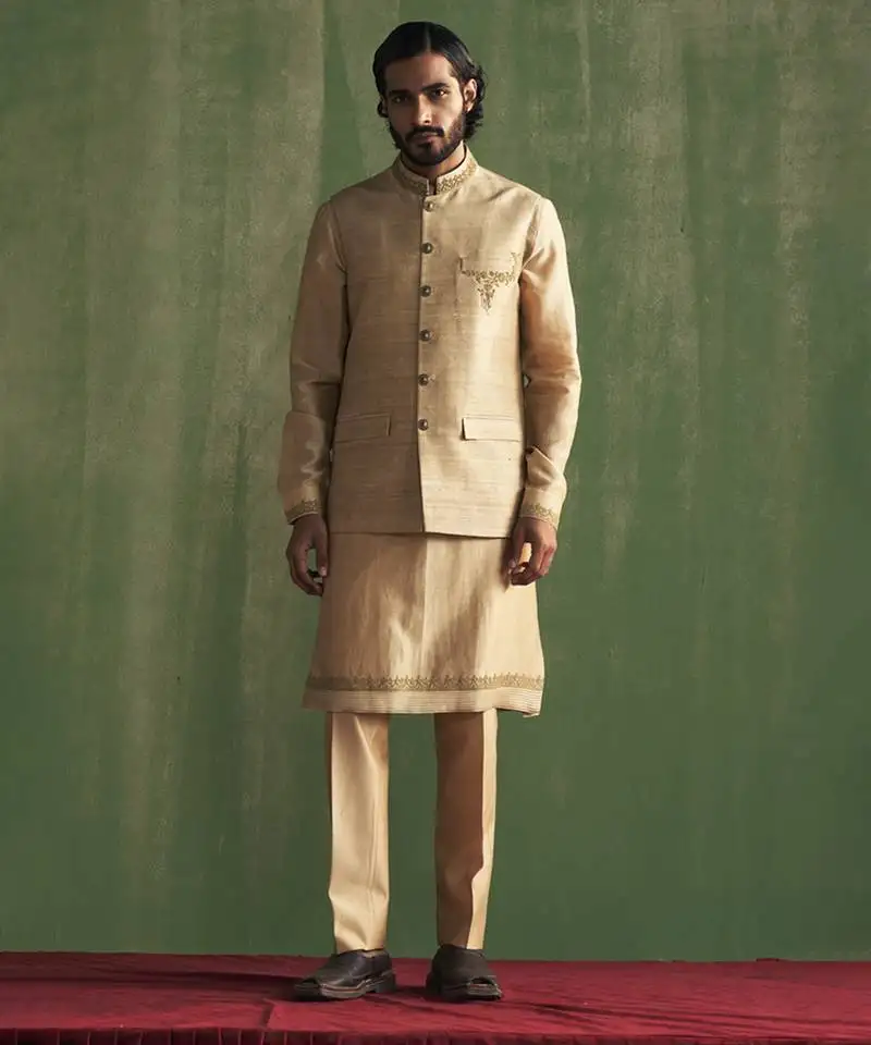 Beige raw silk hand embroidered nehru jacket set