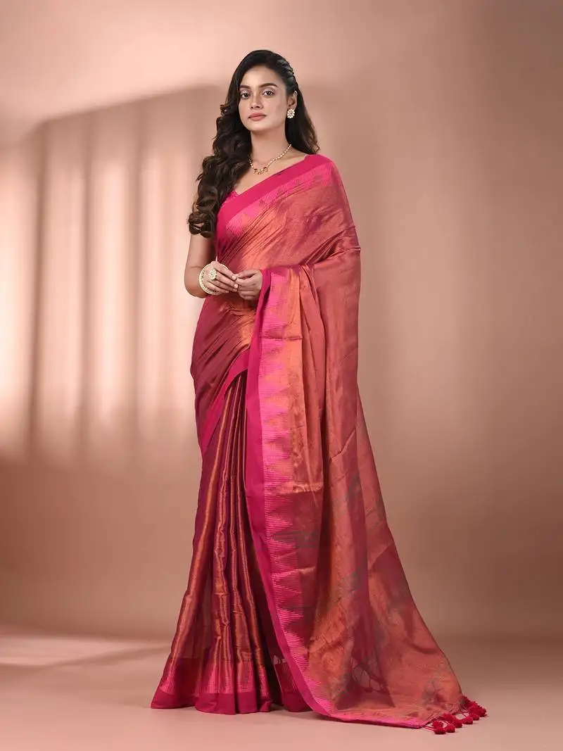 Pink tissue soft saree with temple borders
