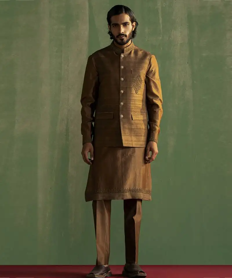 Brown embroidered raw silk nehru jacket set