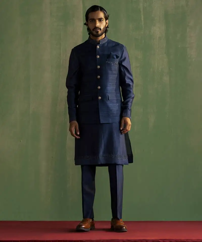 Blue raw silk embroidered nehru jacket set