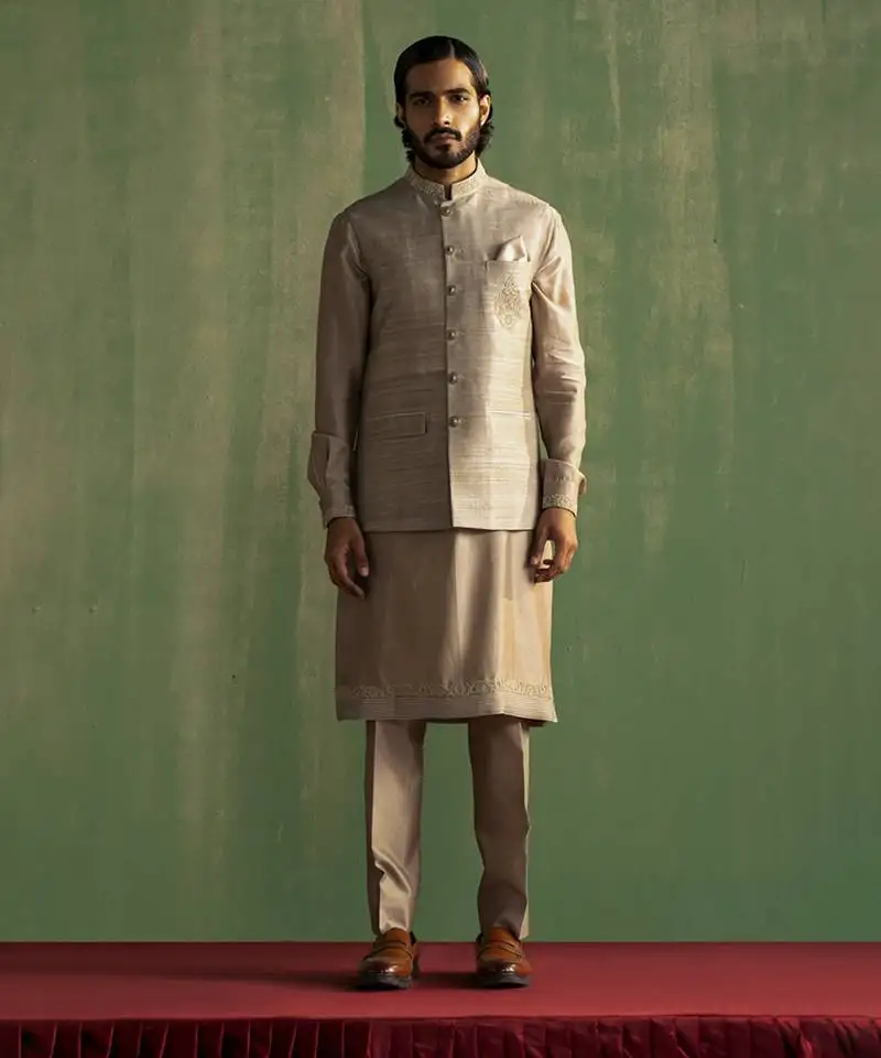 Grey embroidered raw silk nehru jacket set