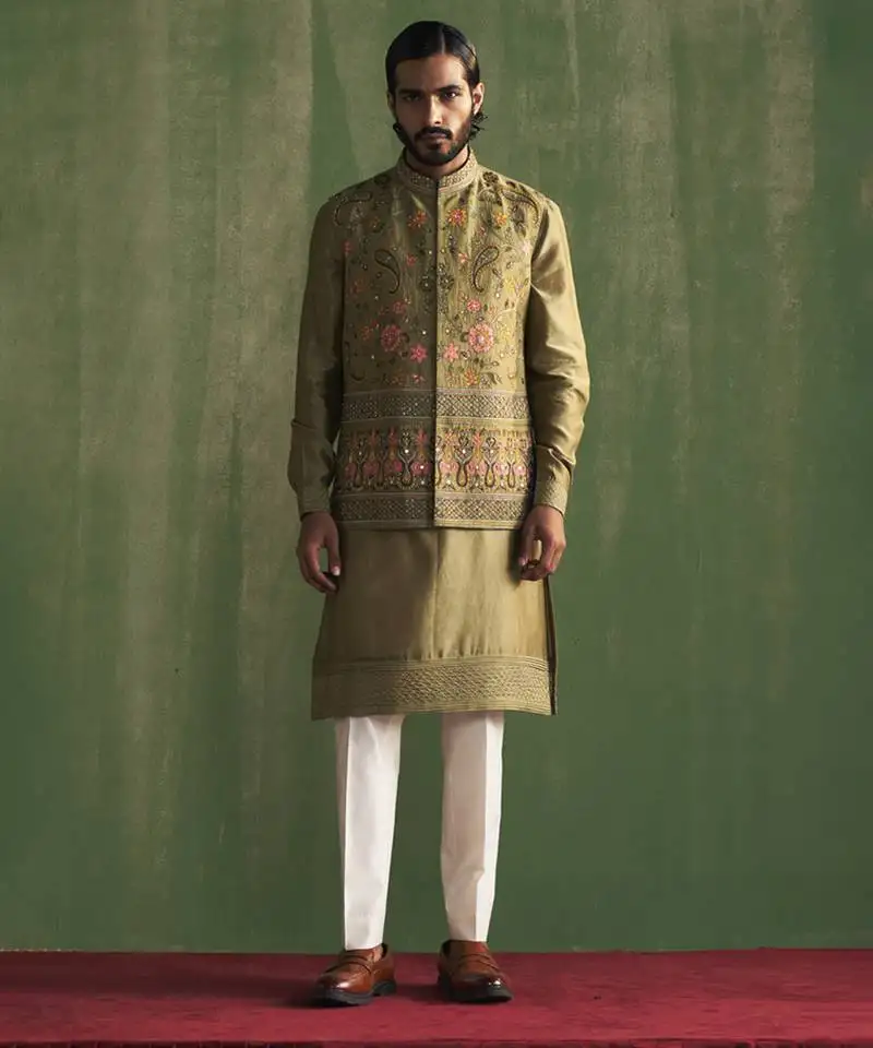 Green linen embroidered nehru jacket set