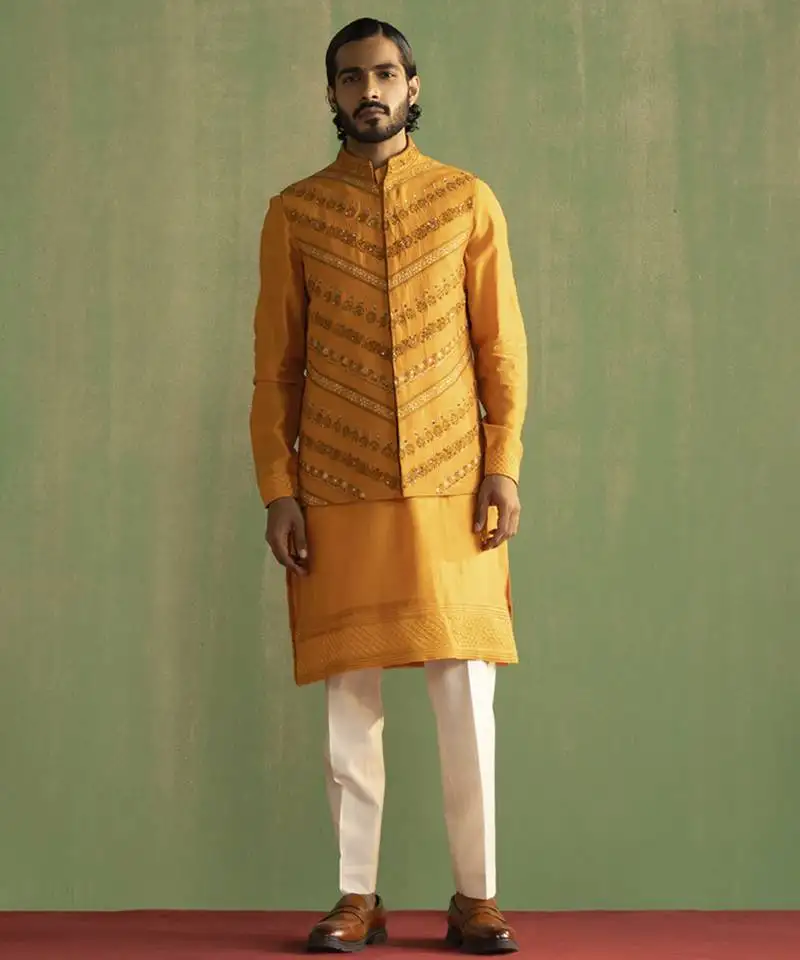 Yellow linen embroidered nehru jacket set